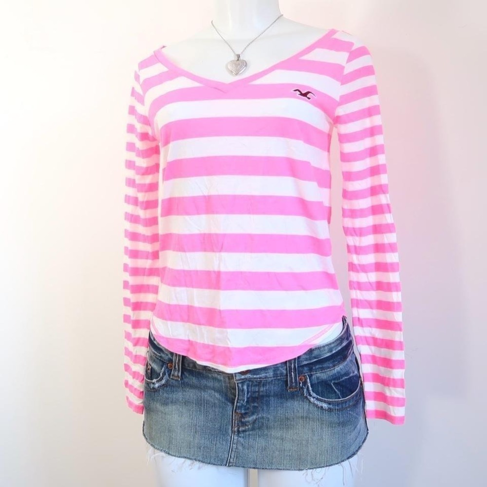 y2k hollister pink striped long sleeve v neck top rare neon pink